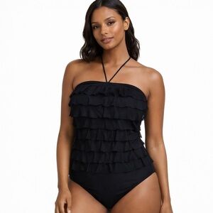 Black Layered Mesh One-Piece Swimsuit Size 10 / 30 Flattering Stretch